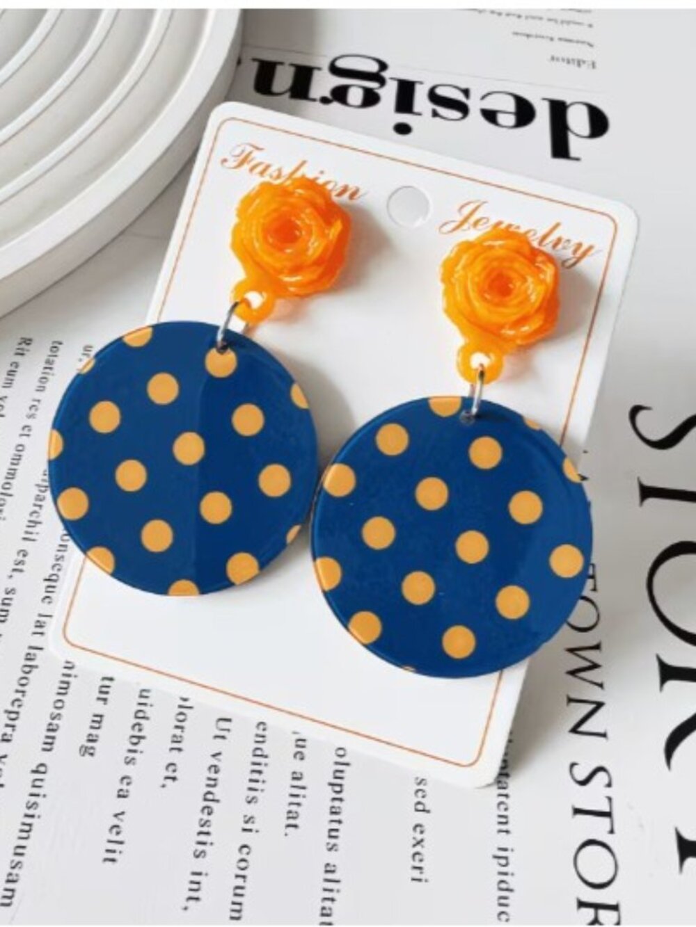 Orange‎ & Blue Polka Dot Statement Dangle Earrings